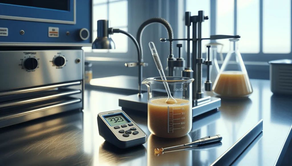 Close-up of a glass beaker with pureed baby food being tested for viscosity using a digital thermometer and viscometer probe in a food science lab.