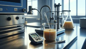 Close-up of a glass beaker with pureed baby food being tested for viscosity using a digital thermometer and viscometer probe in a food science lab.