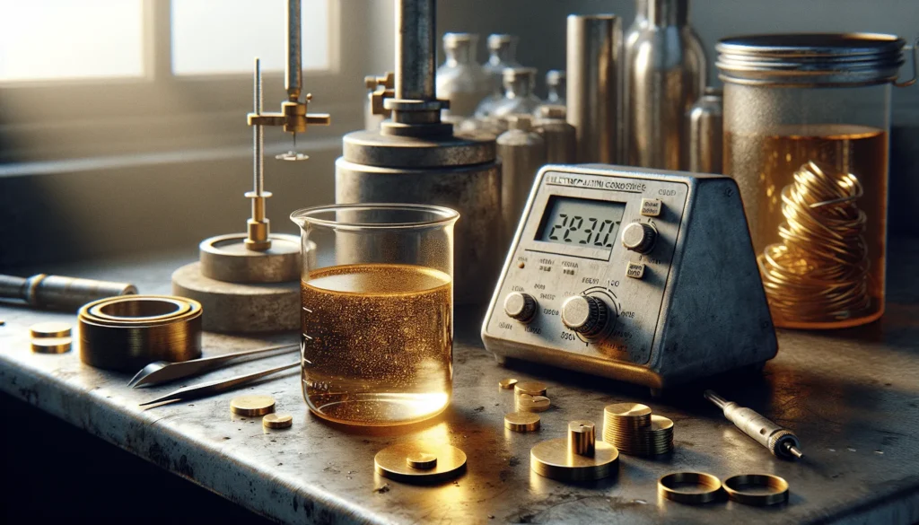 Golden electrolyte solution in a beaker with a digital viscometer and gold-plated test samples, illustrating the effect of viscosity on electroplating thickness and uniformity.