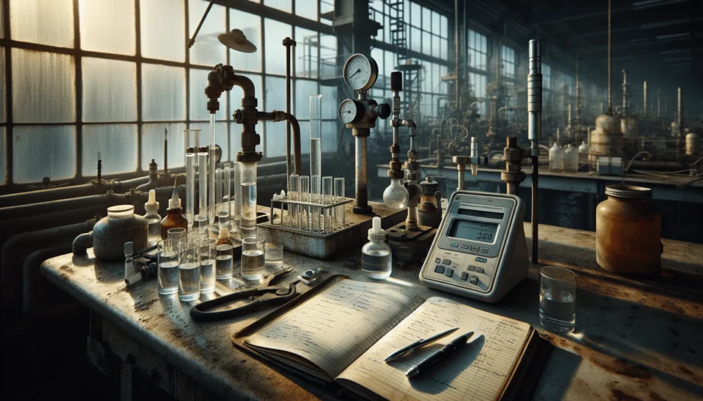 Professional water quality testing workspace in an oil and gas industrial setting with a portable multiparameter meter, sample vials, and field logbook.