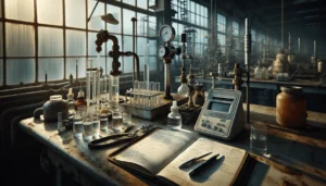 Professional water quality testing workspace in an oil and gas industrial setting with a portable multiparameter meter, sample vials, and field logbook.