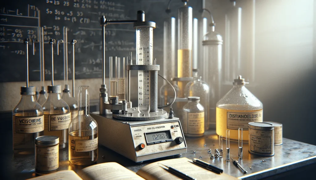 Close-up of a professional fuel testing lab with a viscometer, biodiesel and diesel samples, and open ASTM/SNI standards for optimal engine performance.