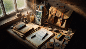 Portable DO meter and BOD sampling kit on a field technician's weathered workspace for accurate water quality measurement.