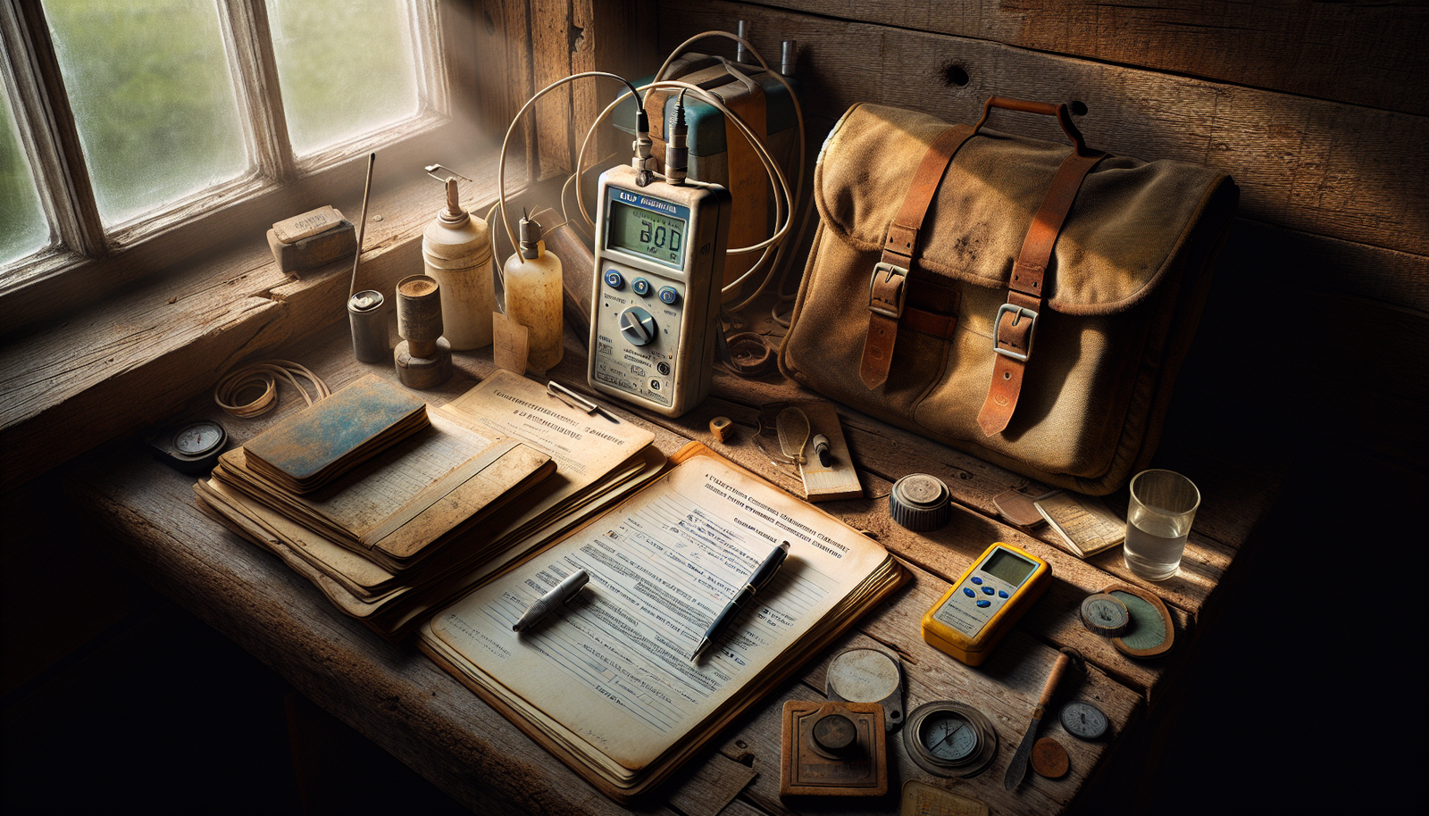 Portable DO meter and BOD sampling kit on a field technician's weathered workspace for accurate water quality measurement.