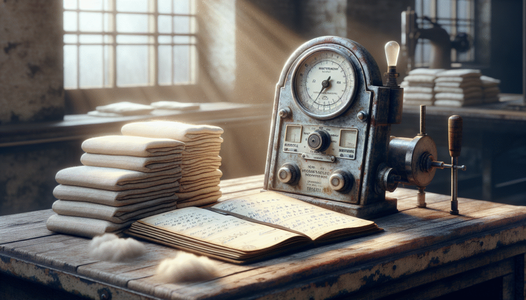 A well-used moisture meter on cotton fabric samples at a textile quality control station, for accurate water content measurement to reduce defects and increase profit.