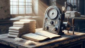 A well-used moisture meter on cotton fabric samples at a textile quality control station, for accurate water content measurement to reduce defects and increase profit.