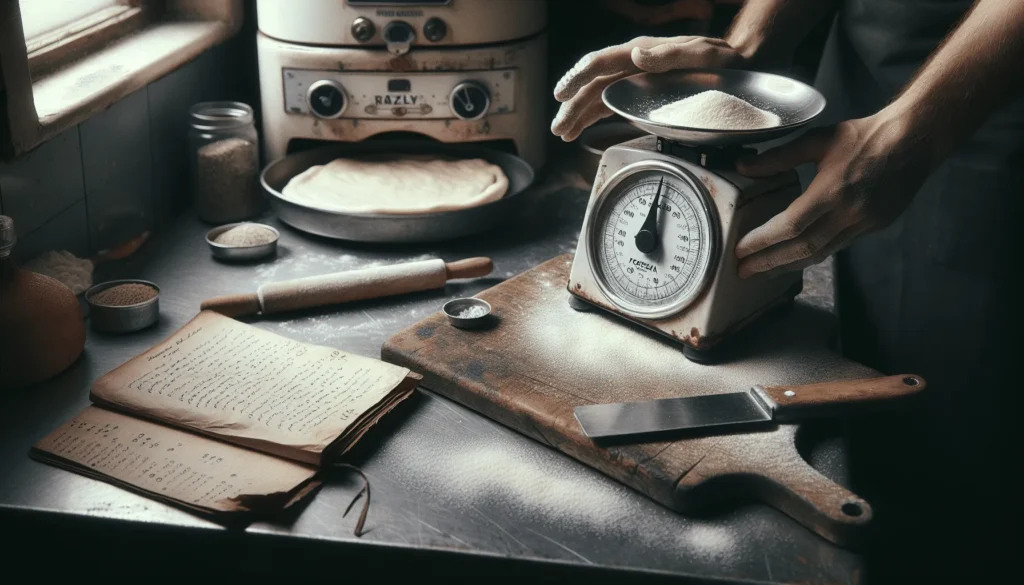Digital kitchen scale measuring sea salt for pizza dough consistency on a wooden cutting board with recipe notebook.