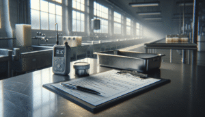 Digital salinity meter measuring salt content on a stainless steel table in a poultry processing plant, with HACCP checklist and SOP documents visible.