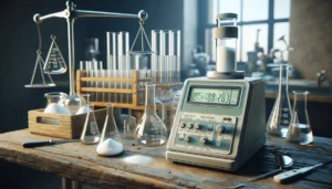 Digital salt meter and Mohr titration glassware for measuring salt content in chicken on a quality control workbench.