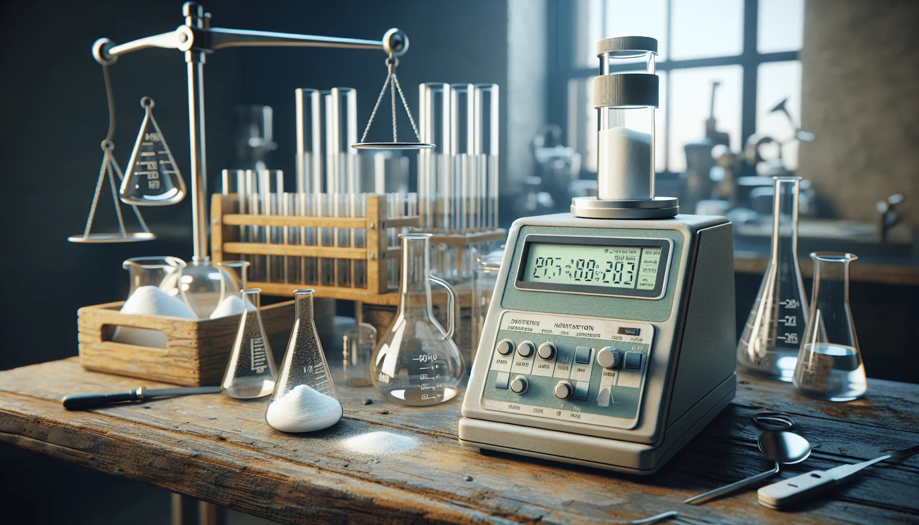Digital salt meter and Mohr titration glassware for measuring salt content in chicken on a quality control workbench.