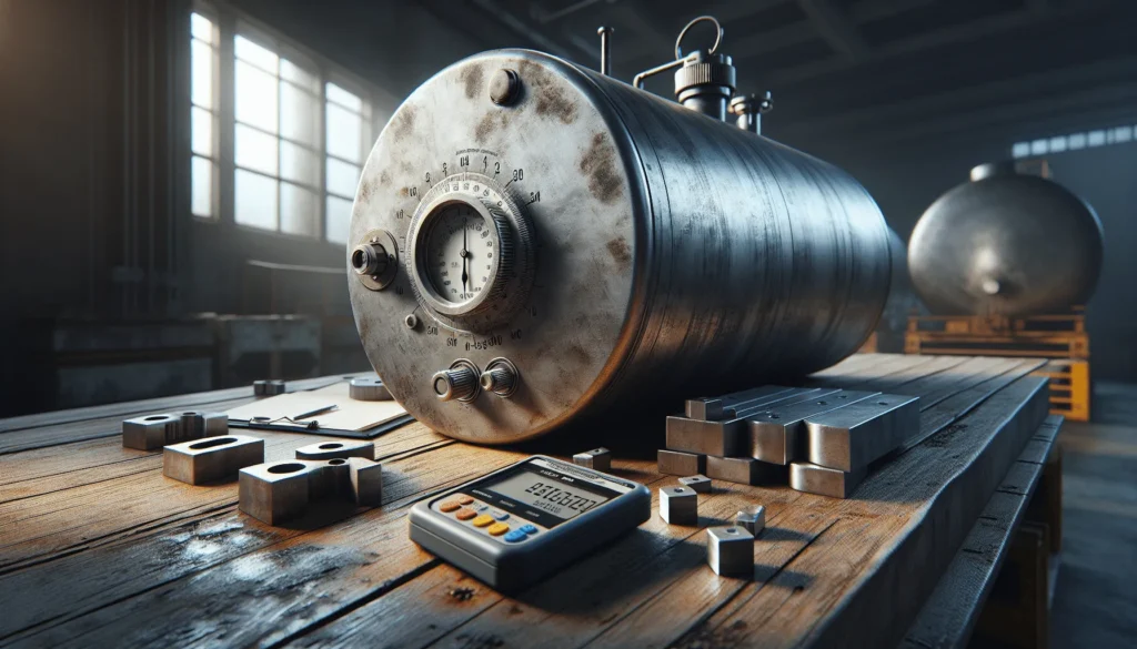 Professional ultrasonic thickness gauge measuring weathered fuel tank coating in an industrial storage facility.