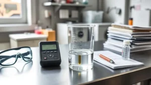 Portable cyanide measuring device with probe in water sample, with safety goggles and regulation documents for mine site safety testing.