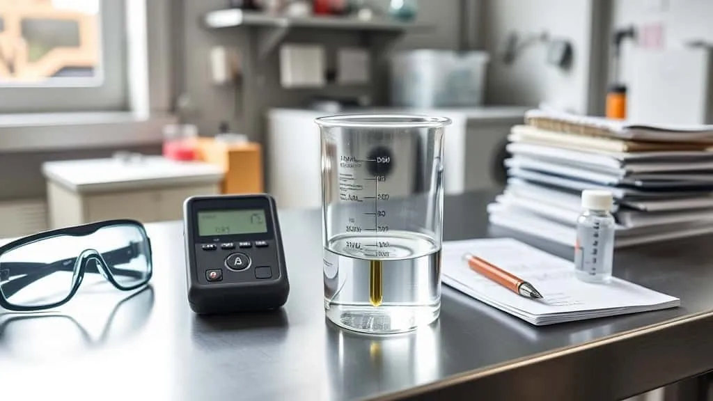 Portable cyanide measuring device with probe in water sample, with safety goggles and regulation documents for mine site safety testing.