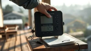 Meteorologist adjusting worn digital weather station on veranda table in morning haze over suburban neighborhood