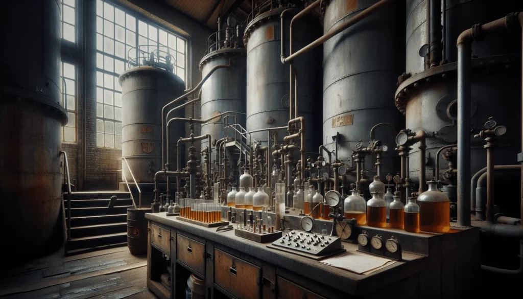 Weathered industrial storage tanks and piping systems with technical testing equipment for B30 biodiesel storage stability and parameter analysis.