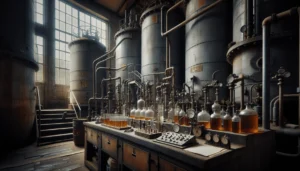 Weathered industrial storage tanks and piping systems with technical testing equipment for B30 biodiesel storage stability and parameter analysis.