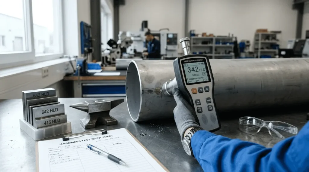 Portable hardness tester measuring metal pipe in industrial workshop for oil, gas, and petrochemical quality control.