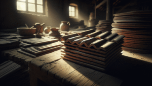 Weathered clay roof tile in a rustic workshop, part of the Program Gentengisasi Rp1 Triliun for Indonesian UMKM tile makers.