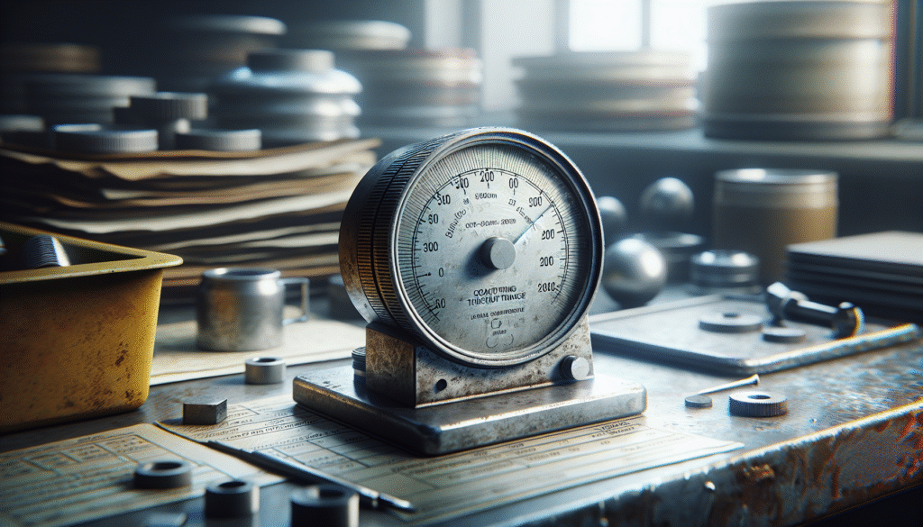 Alat ukur ketebalan lapisan pada plat logam di workstation QC untuk kontrol kualitas yang akurat.