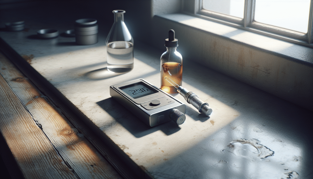 Digital refractometer measuring an amber liquid on a worn counter, essential for beverage quality control.