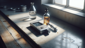 Digital refractometer measuring an amber liquid on a worn counter, essential for beverage quality control.