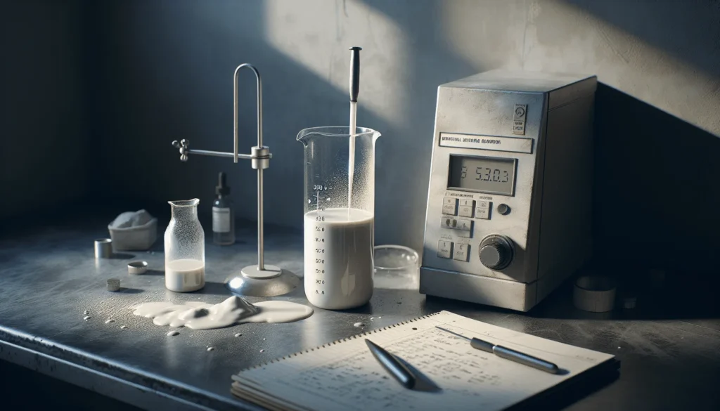 Digital viscometer measuring thick CaCO3 slurry on lab bench with beaker and spatula