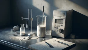 Digital viscometer measuring thick CaCO3 slurry on lab bench with beaker and spatula