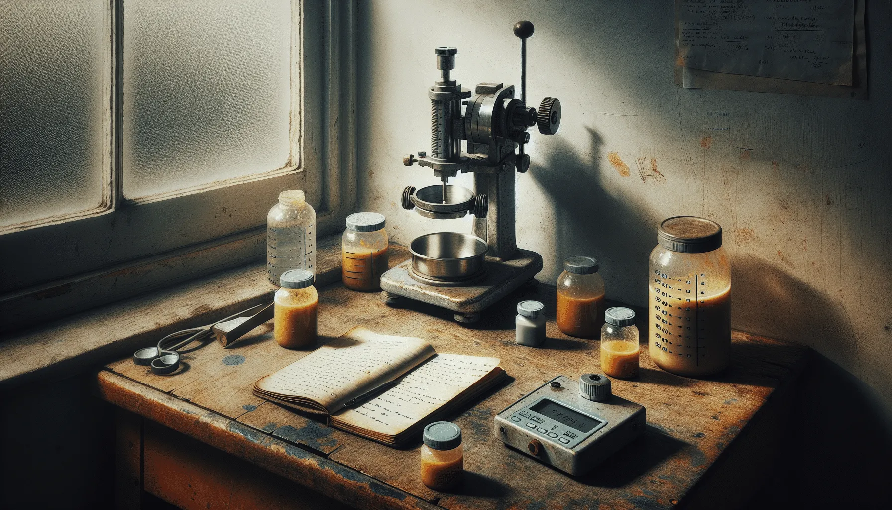 Rotational and capillary viscometers on a lab bench with baby food jars for viscosity measurement in infant nutrition.