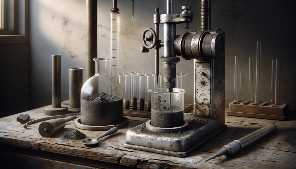 Rotational and capillary viscometers measure slurry viscosity on a worn laboratory benchtop with gritty mineral slurry in beakers.