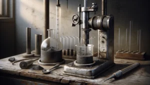 Rotational and capillary viscometers measure slurry viscosity on a worn laboratory benchtop with gritty mineral slurry in beakers.