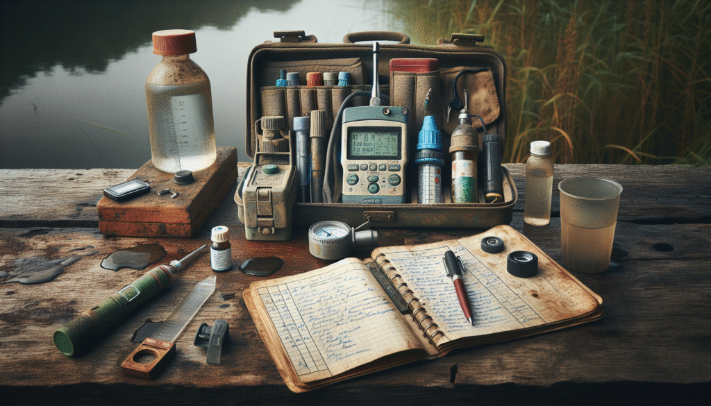 Water quality technician's field kit with dissolved oxygen meter and BOD bottle for PDAM sampling and measurement.