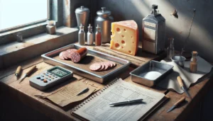 A digital salt meter measuring sodium content in cured sausage and cheese on a lab cutting board for FMCG product quality control.
