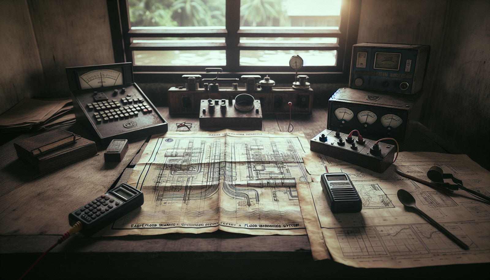 Weathered blueprint of a community flood warning system for Indonesia, showing sensor placement and siren calibration diagrams on a desk with authentic tools.