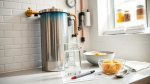 Water softener system installed in a clean noodle restaurant kitchen with filtered water beaker and fresh wheat noodles, ensuring clear broth and chewy noodles.