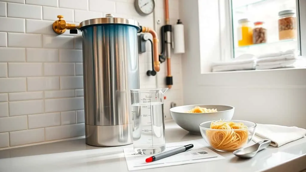 Water softener system installed in a clean noodle restaurant kitchen with filtered water beaker and fresh wheat noodles, ensuring clear broth and chewy noodles.