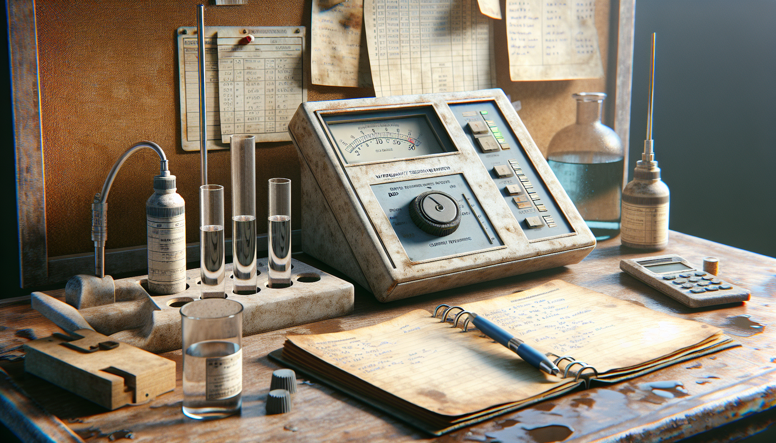 A professional dissolved oxygen meter and BOD testing apparatus on a lab workbench, illustrating water quality compliance for PDAM.