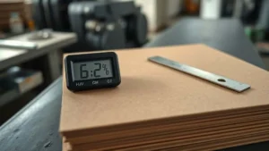Digital hygrometer reading 6.2% moisture level on corrugated cardboard with ruler and die-cutting blade in printing workshop