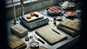 Close-up of a food lab bench with SNI and BPOM booklets, a scale, and chicken nugget and sausage samples for analyzing standard salt levels.