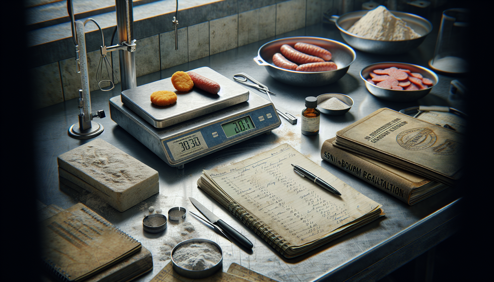 Close-up of a food lab bench with SNI and BPOM booklets, a scale, and chicken nugget and sausage samples for analyzing standard salt levels.