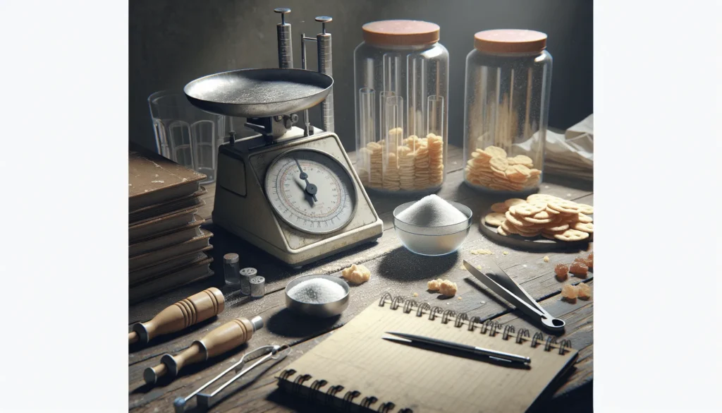 Close-up of a food lab workspace with analytical scales, salt crystals, and snack samples for BPOM compliance and FMCG quality control.