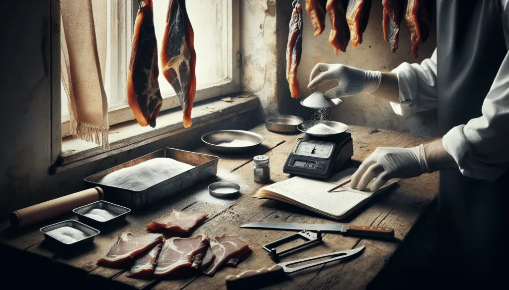 Close-up of a worker measuring salt for traditional smoked meat production, ensuring quality control and proper salt levels for food safety and shelf life.