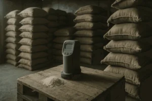Colorimeter on worn pallet assessing rice brightness amid burlap sacks in BULOG warehouse for government quality standards.