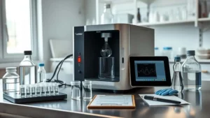 Turbidimeter mengukur sampel air jernih untuk uji kekeruhan air minum sesuai standar SNI di lab QC AMDK.