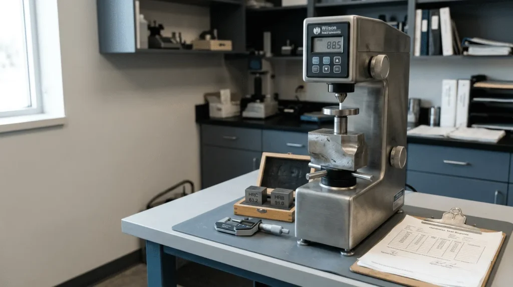 Mesin uji kekerasan dengan sampel logam di laboratorium, lengkap dengan blok kalibrasi dan laporan uji untuk panduan MK3LL.