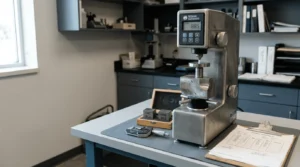 Mesin uji kekerasan dengan sampel logam di laboratorium, lengkap dengan blok kalibrasi dan laporan uji untuk panduan MK3LL.