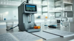 Mengukur sampel pangan dengan alat water activity meter digital di laboratorium untuk kepatuhan standar BPOM.