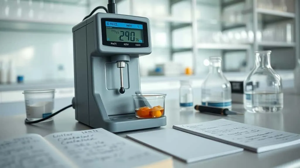 Mengukur sampel pangan dengan alat water activity meter digital di laboratorium untuk kepatuhan standar BPOM.