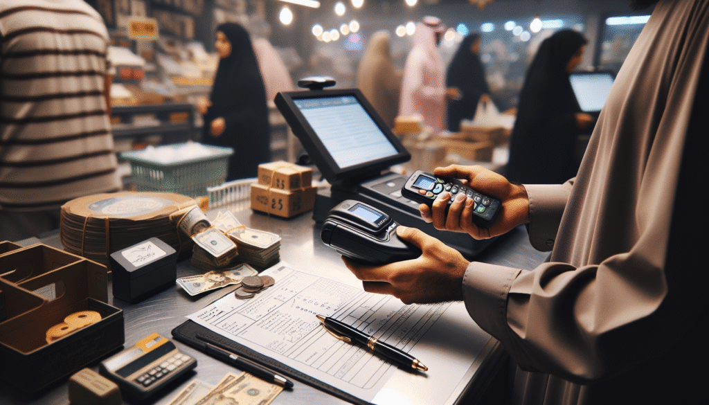 Cashier using a wireless QRIS scanner and money counter for efficient retail payment queues during Ramadan.
