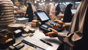 Cashier using a wireless QRIS scanner and money counter for efficient retail payment queues during Ramadan.