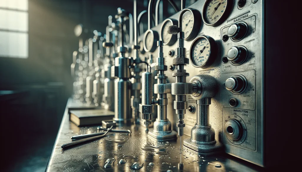 Close-up of industrial brine injection equipment for packaged chicken production, showing calibration dials and nozzles for controlling salinity variation.